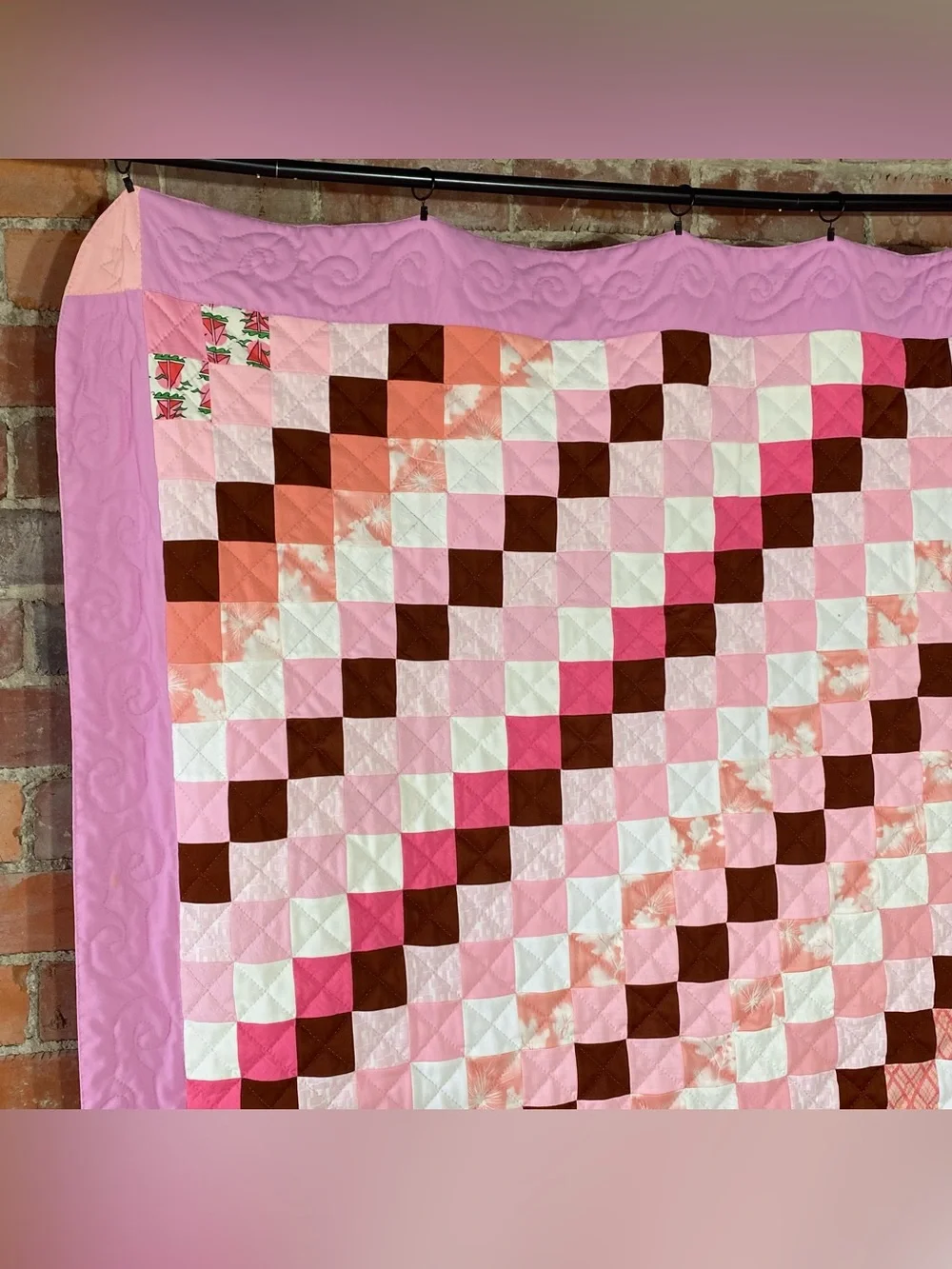 Vintage Polyester Jacob's Ladder Pink Brown Quilt 76